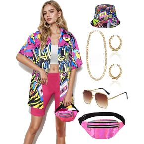 Verceco 80s 90s Outfits for Women Unisex Hip Hop Women Costume Accessory Sets Retro 90s Themed Party Outfits 7PC