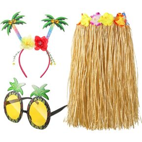 Janmercy 3 Pcs Hawaiian Luau Party Outfits Set Tropical Grass Hula Skirt Headbands Glitter Sunglasses for Women Beach in Kuwait
