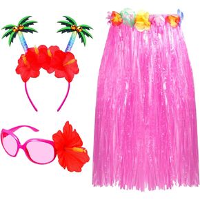 Janmercy 3 Pcs Hawaiian Luau Party Outfits Set Tropical Grass Hula Skirt Headbands Glitter Sunglasses for Women Beach