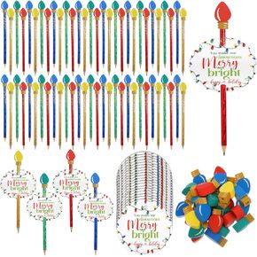 Geyoga Christmas Pencils Erasers Gifts Set with Bulb Eraser Toppers for Students from Teacher Classroom Reward Merry Bright Cards Red Green Gold Pencil Eraser Bulk for Xmas Gifts, 4 Colors(100 Set)