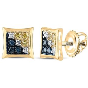 Blue Diamond Earrings Solid 10k Yellow Gold Men's Square Kite Studs 1/20 Ctw. (.05 Ctw.)