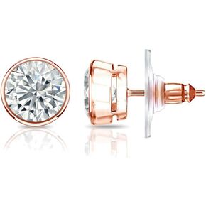 14k Gold Round Simulant CZ Diamond Stud Earrings (1/4-2ct, Excellent Quality) Bezel-set, Secure-Lock Disc by Diamond Wish