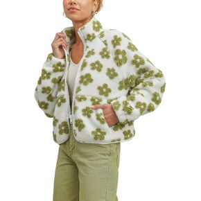 chouyatou Women's Fall Winter Casual Cute Floral Fleece Jacket Fuzzy Zip Up Sherpa Jacket Faux Fur Coat