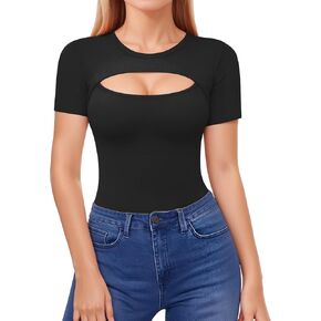 ALGALAROUND Women's Cutout Tops Basic Long Sleeve Round Neck Slim Fit T-Shirts