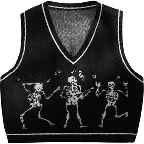 WDIRARA Women's Plus Size Skull Gothic Print V Neck Sweater Vest Sleeveless Pullovers Knit Crop Tank Top