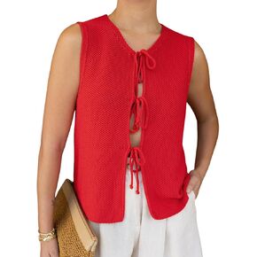 Wyeysyt Womens Crochet Sweater Vest Sleeveless Crew Neck Tie Front Tops Open Front Knit Cardigan(Red-M)