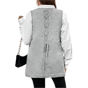 Women's Plus Size Bow Tie Sweater Vest Crew Neck Sleeveless Button Detail Sweater Vest Lace Up Cable Knit Tank Vest