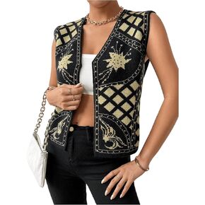 MakeMeChic Women's Geo Knit Sweater Vest V Neck Sleeveless Open Front Jacket Outerwear
