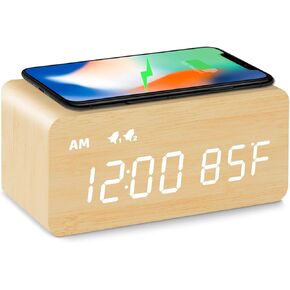 MOSITO Digital Wooden Alarm Clock with Wireless Charging, 0-100% Dimmer, Dual Alarm, Weekday/Weekend Mode, Snooze, Wood LED Clocks for Bedroom, Bedside, Desk, Kids (White)
