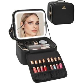 Relavel Makeup Bag with LED Mirror, Travel Makeup Case with Rechargeable Lighted Mirror 3 Color Lights, Dual Layer Cosmetic Box Makeup Brush Lipstick Holder Organizer for Women, Leather Black
