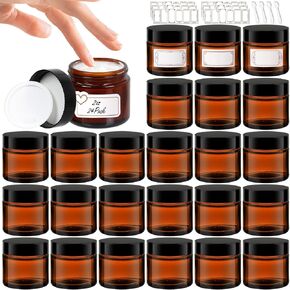 2 oz Amber Glass Jars with Lids 24Pack- Portable Glass Cosmetic Jars with Lids 2 oz,Empty Amber Glass Jars with Lids for Lotions,Scrubs(2fl. oz, Set of 24)