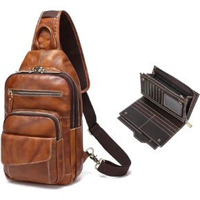 LANNSYNE Full Grain Leather Sling Bag For Men Fits 12.9" iPad, Vintage Crossbody Chest Daypack for Hiking & Leather Travel Passport Long Wallet for Men/Women RFID Blocking