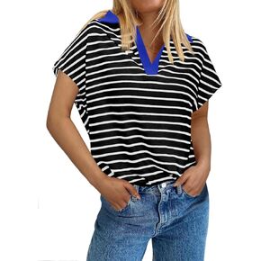 Tankaneo Womens Color Block V Neck Polo Shirts Oversized Summer Striped Cap Sleeve Tunic Tops Casual Loose Fit Blouse
