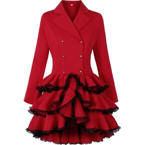 Nihsatin Women Double Breasted Victorian Steampunk Blazer Coat Jacket with Lace Hem