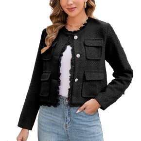 Ladyful Womens Cropped Tweed Blazer Jacket Collarless Lady Jacket Long Sleeve Fall Elegant Work Suits Coat