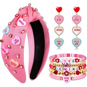 CEALXHENY Valentine’s Day Headbands for Women Conversation Heart Headbands Pink Heishi Bracelets LOVE XOXO Earrings Valentine’s Day Outfits Accessories Jewelry Gifts Party Favors