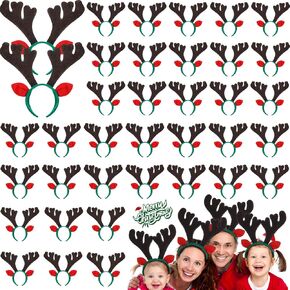 Zubebe 36 Pcs Christmas Reindeer Antlers Headband Holiday Deer Horns Headband Antler Headpiece Deer Antlers Headband with Ears Deer Costume Headband for Kids Adult Xmas Party Favors Supplies
