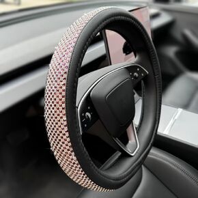 PINCTROT Bling Comfy Steering Wheel Cover for Tesla Model Y / 3, for Camaro, D Shaped 14 Inch Small Sized with Jumbo Crystal Rhinestones, Flat Bottom with Anti-Slip Diamond Leather (Silver)