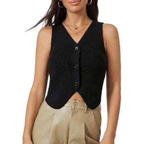 Women Y2k Knit Vest Top Sleeveless V Neck Hollow Out Open Front Button Down Crochet Knit Tank Vest Streetwear