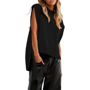 سترة نسائية من Livtany بدون أكمام ورقبة دائرية، مقاس كبير، بحاشية عالية ومنخفضة، ملابس خريفية سادة مع ربطة جانبية باللون الأسود in Kuwait