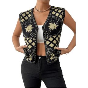 Verdusa Women's Vintage Printed Open Front Sweater Vest V Neck Sleeveless Knit Cropped Cardigan