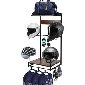 Motorcycle Helmet Holder Wall Mounted, Vintage Helmet Holder Wall Mount with Helmet Rack, 6 Glove Clips and 5 Hooks, Rustic Helmet Holder and Motorcycle Helmet Rack for Most of Helmet and Clothes