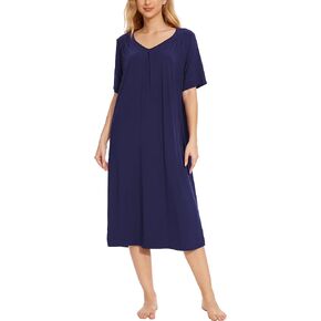 Bamboo-Derived Viscose Nightgowns for Women Short Sleeve Sleepwear Soft V-neck Loose Night Dress