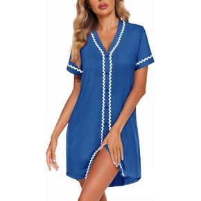 Ekouaer Womens Nightgown Button Down Sleepshirt Short Sleeve Nightshirt V Neck Sleepwear Pajama Dress
