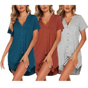 Ekouaer 3 Pcak Nightgowns Women Button Down Sleep Shirts V Neck Night Shirts Night Gowns