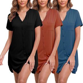 3 Pack Sleep Shirts for Women Button Down Nightgowns V Neck Short Sleeve Sleepwear Soft Comfy Nightshirt