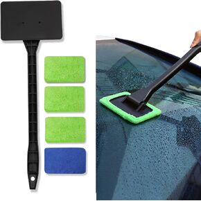 Windshield Cleaner, Window Cleaner Tool, Microfiber Window Cleaning Tool with 4 Washable and Reusable Cloth Pad Head & Extended Handle, Car Accessories for windshield Cleaning