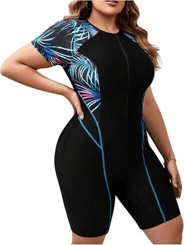 Floerns Women's Plus Size Colorblock Full Zip Short Sleeve One Piece Swimsuit in Saudi Arabia