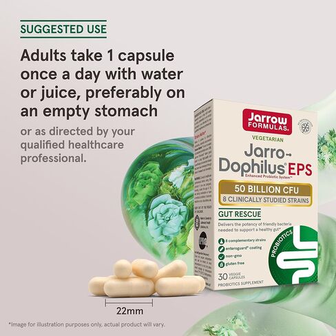 Jarrow Formulas Jarro-Dophilus EPS Gut Rescue Probiotics 50 مليار CFU مع 8 سلالات مدروسة سريريًا، مكمل غذائي لدعم صحة الأمعاء، 30 كبسولة نباتية، كمية تكفي 30 يومًا in Kuwait