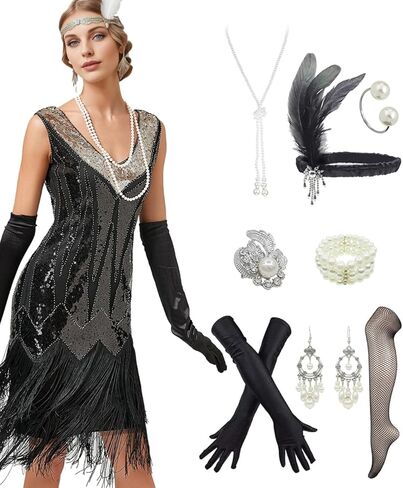 فساتين نسائية بدون أكمام، أزياء الحفلات المسائية من العشرينيات من القرن الماضي مع مجموعة إكسسوارات من العشرينيات in Kuwait