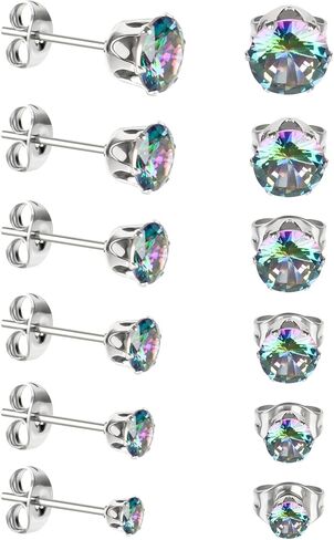 6 Pairs 0.10-2.0CT Lab Grown Diamond Studs Clear Cubic Zirconia Earrings Set Hypoallergenic Stainless Steel Stud Earring Flat Back Cartilage Piercing Silver Plated Earrings for Women Men in Saudi Arabia