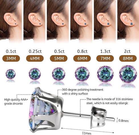 6 Pairs 0.10-2.0CT Lab Grown Diamond Studs Clear Cubic Zirconia Earrings Set Hypoallergenic Stainless Steel Stud Earring Flat Back Cartilage Piercing Silver Plated Earrings for Women Men in Saudi Arabia