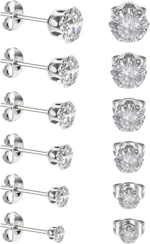 6 Pairs 0.10-2.0CT Lab Grown Diamond Studs Clear Cubic Zirconia Earrings Set Hypoallergenic Stainless Steel Stud Earring Flat Back Cartilage Piercing Silver Plated Earrings for Women Men in Saudi Arabia