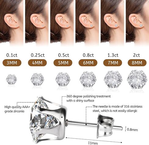 6 Pairs 0.10-2.0CT Lab Grown Diamond Studs Clear Cubic Zirconia Earrings Set Hypoallergenic Stainless Steel Stud Earring Flat Back Cartilage Piercing Silver Plated Earrings for Women Men in Saudi Arabia