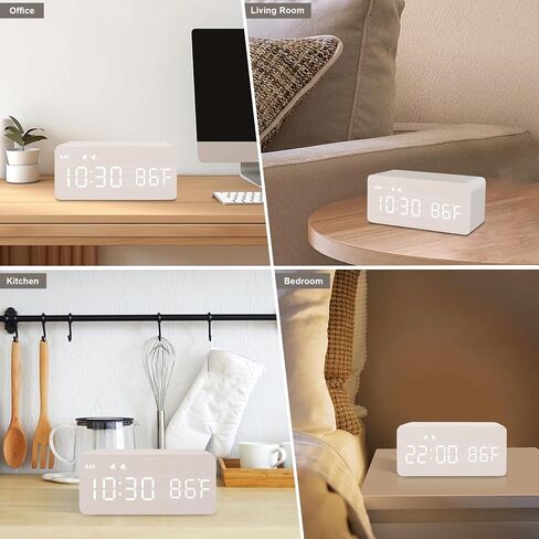 MOSITO Digital Wooden Alarm Clock with Wireless Charging, 0-100% Dimmer, Dual Alarm, Weekday/Weekend Mode, Snooze, Wood LED Clocks for Bedroom, Bedside, Desk, Kids (White) in Saudi Arabia