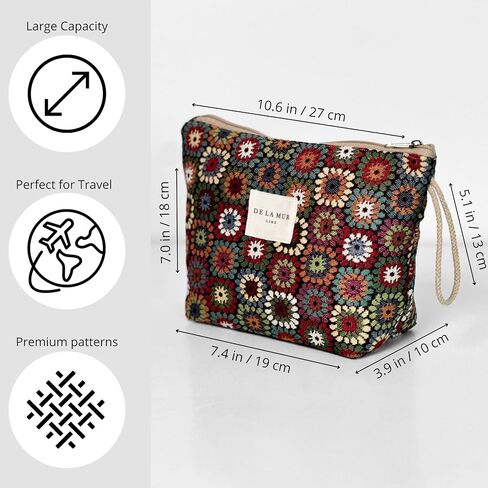 Large Floral Travel Makeup Bag – Patterned Cosmetic Bag for Women, Boho Toiletry Organizer for Travel Accessories, Gifts for Women, Made in Spain in Saudi Arabia