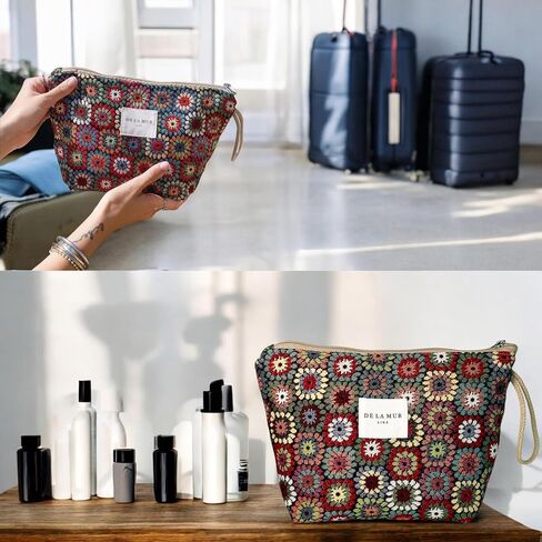Large Floral Travel Makeup Bag – Patterned Cosmetic Bag for Women, Boho Toiletry Organizer for Travel Accessories, Gifts for Women, Made in Spain in Saudi Arabia