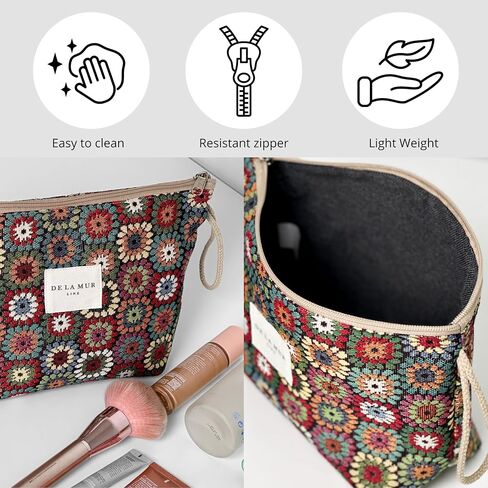 Large Floral Travel Makeup Bag – Patterned Cosmetic Bag for Women, Boho Toiletry Organizer for Travel Accessories, Gifts for Women, Made in Spain in Saudi Arabia