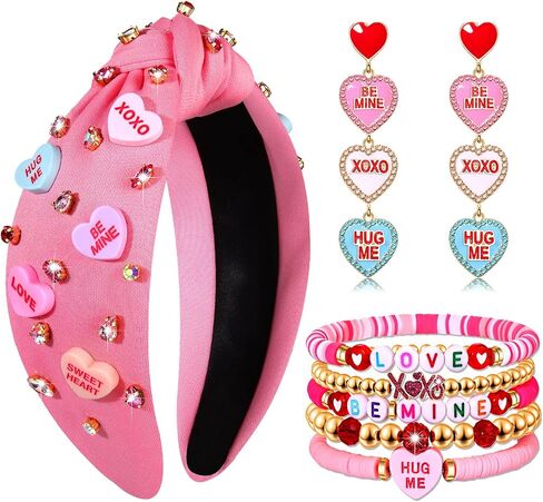 CEALXHENY Valentine’s Day Headbands for Women Conversation Heart Headbands Pink Heishi Bracelets LOVE XOXO Earrings Valentine’s Day Outfits Accessories Jewelry Gifts Party Favors in Saudi Arabia