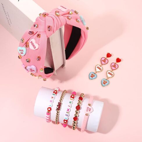 CEALXHENY Valentine’s Day Headbands for Women Conversation Heart Headbands Pink Heishi Bracelets LOVE XOXO Earrings Valentine’s Day Outfits Accessories Jewelry Gifts Party Favors in Saudi Arabia