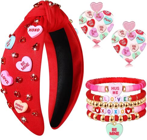 CEALXHENY Valentine’s Day Headbands for Women Conversation Heart Headbands Pink Heishi Bracelets LOVE XOXO Earrings Valentine’s Day Outfits Accessories Jewelry Gifts Party Favors in Saudi Arabia