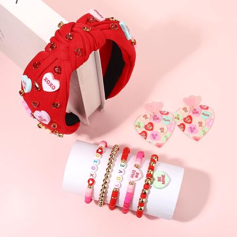 CEALXHENY Valentine’s Day Headbands for Women Conversation Heart Headbands Pink Heishi Bracelets LOVE XOXO Earrings Valentine’s Day Outfits Accessories Jewelry Gifts Party Favors in Saudi Arabia