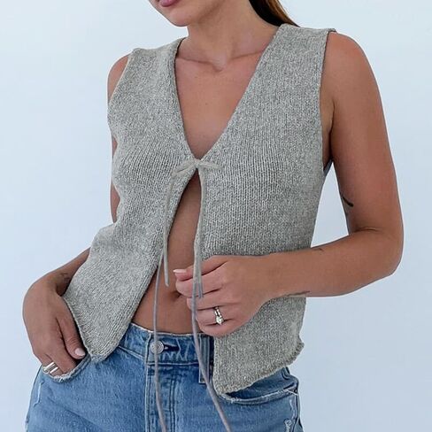 Women Y2k Knit Vest Top Sleeveless V Neck Hollow Out Open Front Button Down Crochet Knit Tank Vest Streetwear in Saudi Arabia