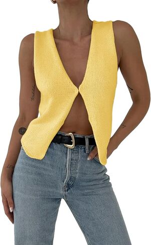 Women Y2k Knit Vest Top Sleeveless V Neck Hollow Out Open Front Button Down Crochet Knit Tank Vest Streetwear in Saudi Arabia