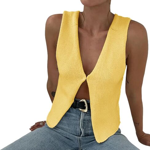 Women Y2k Knit Vest Top Sleeveless V Neck Hollow Out Open Front Button Down Crochet Knit Tank Vest Streetwear in Saudi Arabia