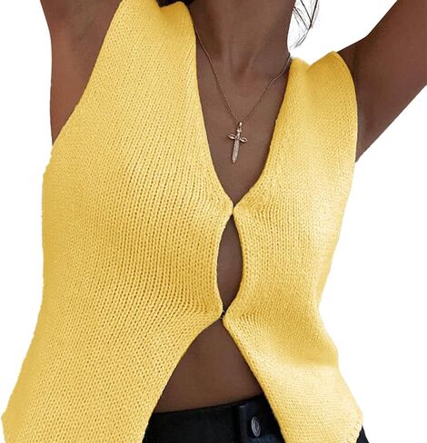 Women Y2k Knit Vest Top Sleeveless V Neck Hollow Out Open Front Button Down Crochet Knit Tank Vest Streetwear in Saudi Arabia